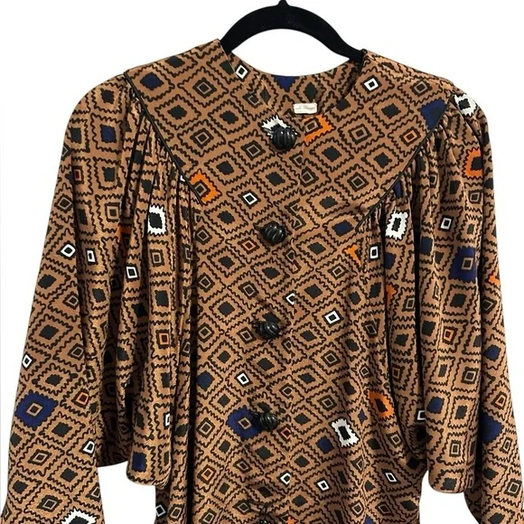 Vintage 1970’s Geometric Patterned Brown Dress Button Down Dolan Sleeves Size - Picture 5 of 7